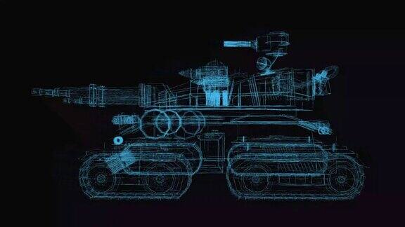 军用坦克3d线框与细蓝线坦克部队未来主义全息图在黑色背景上循环旋转动画