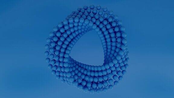 由蓝色背景上的蓝色粒子和球组成的环形旋转图形三维动画几何学抽象形式的三角形形式