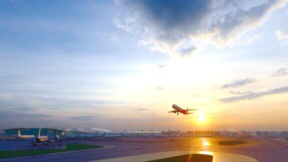 日落时分从机场起飞的飞机天空旅游