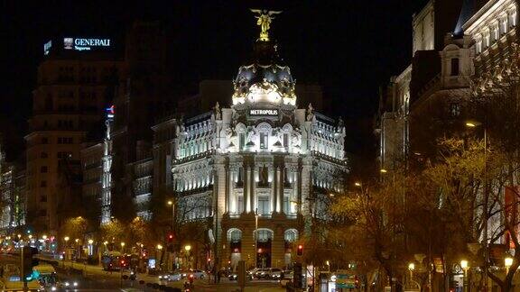 西班牙马德里夜光大都会酒店前格兰通过4k观看