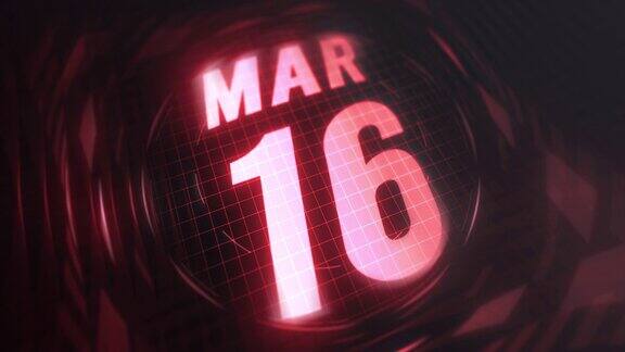 3月16日3d运动图形红外线日历在未来和科技发光霓虹灯拍摄纪念在led等4k循环