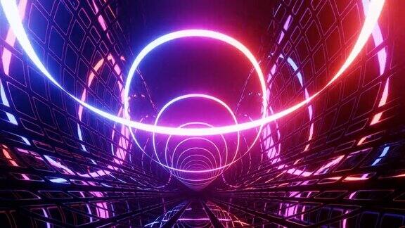 高科技霓虹灯科幻隧道时尚的霓虹辉光线在镜面隧道中形成图案和构造带有辉光框架的科幻图案飞越科技网络空间3d环形无缝4kbg