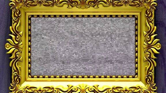 镜头拉近到紫色木材背景上的金色相框电视噪音和绿色色度键在屏幕上播放3d动画