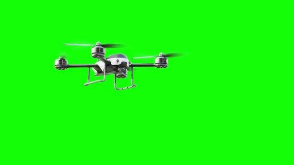 无人机白色飞行向相机移动然后移动到一边的绿色屏幕