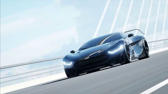 桥上的黑色未来汽车的3d模型开车