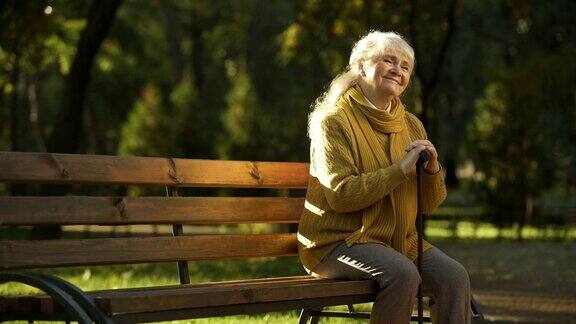 快乐的老年妇女享受着温暖的阳光坐在公园的长椅上退休