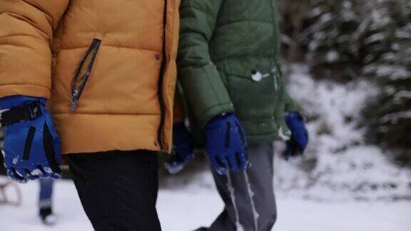 一家人享受在冬季森林徒步旅行