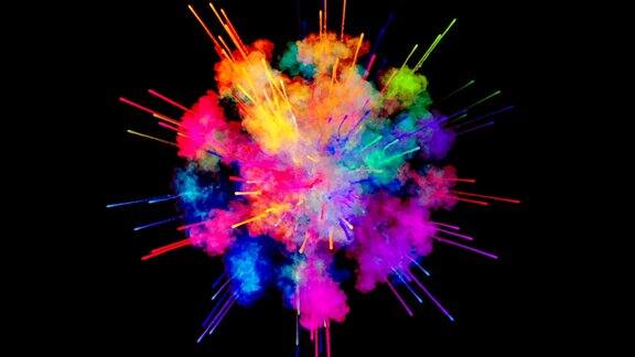 烟花般的油漆爆炸的彩色粉末孤立在黑色背景3d动画作为彩色的抽象背景彩虹颜色5