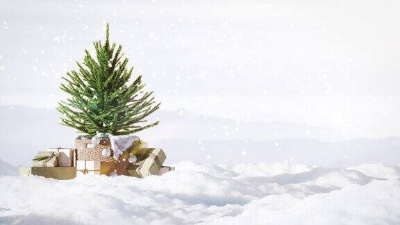圣诞树和礼物盒设置的雪在运动bokeh降雪背景