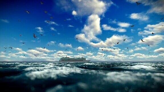 游船航行在美丽的云海鸥飞声音包括