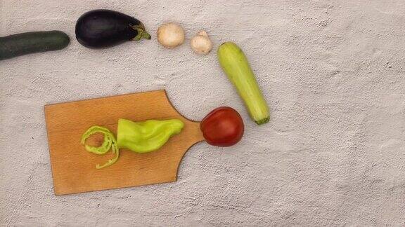 在切菜板上切蔬菜和做沙拉-停止运动