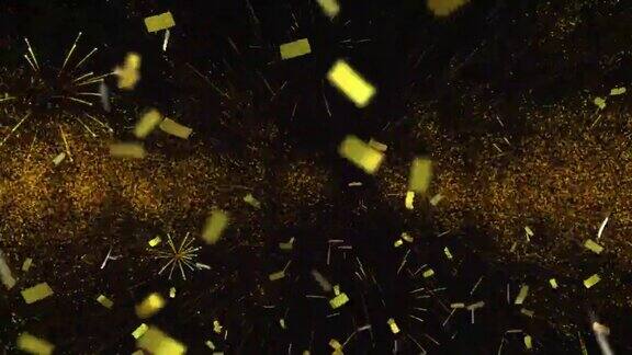 动画的bonneannee文本在黄色与新年烟花和金色的五彩纸屑在夜空