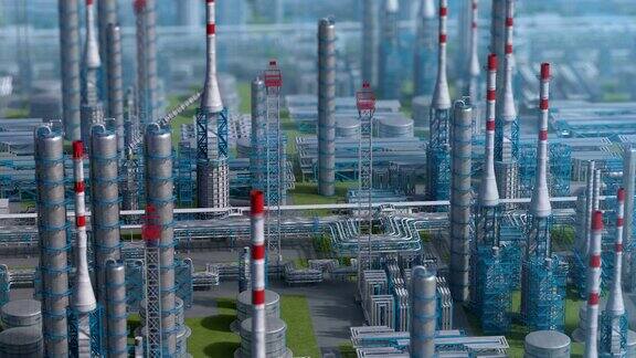 石油和天然气炼制工厂工厂轨道视图离焦镜头工业石油区钢管和储油罐无人机飞越植物上空射击生成的3d图像