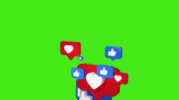 喜欢和爱的图标竖起大拇指和爱心社交媒体图标应用程序chromakey背景上的4k3d动画视频