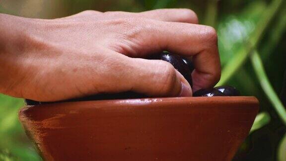 女人的手从碗里采摘多汁的贾蒙水果的特写镜头