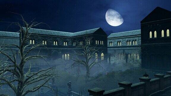大半月形的月亮挂在老宅子上时间流逝