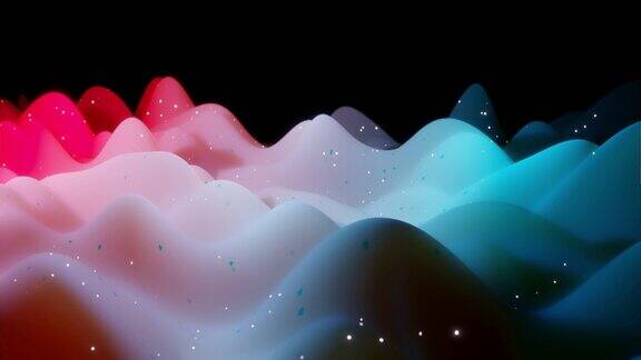 抽象的三维表面与美丽的波浪发光的火花和明亮的颜色梯度波运行在哑光表面与辉光闪烁4k循环动画