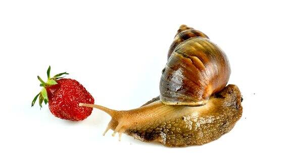 一只巨大的ahatina蜗牛在一个新鲜的草莓周围爬行