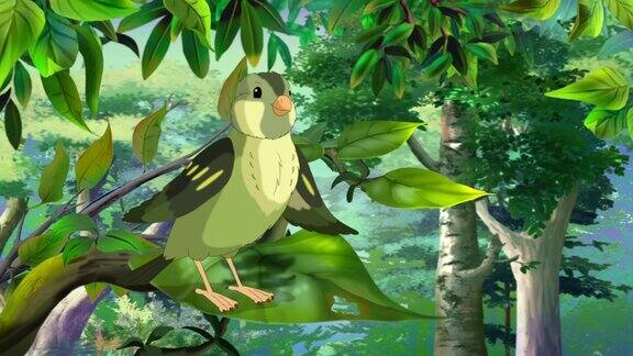 绿色的小森林鸟在树上唱歌