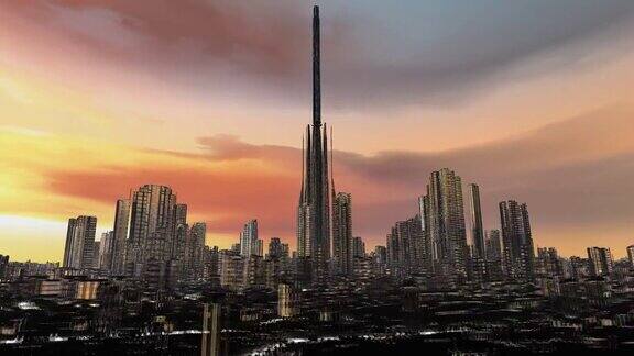 智慧城市概念摩天大楼多彩日落