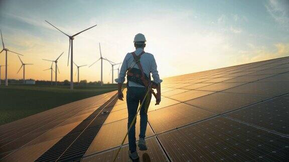 专业男性绿色能源工程师系安全带戴安全帽行走在工业太阳能电池板上男子检查可持续能源农场与风力涡轮机的背景