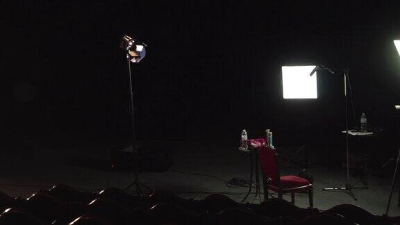纪录片拍摄设置在剧场舞台上三点灯光设置摄像机三脚架导演座