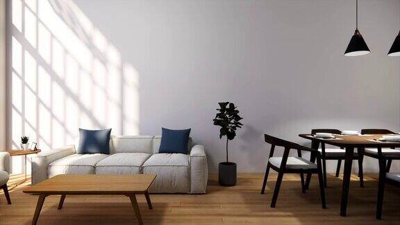 3d渲染室内现代开放式客厅阁楼式公寓住宅舒适的客厅沙发套用餐区