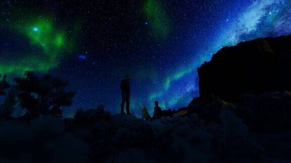 夫妻和狗欣赏北极光在星空下平移