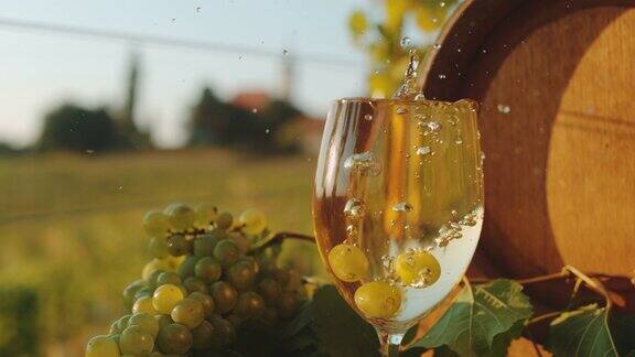 白葡萄落入一杯葡萄酒溅起水花