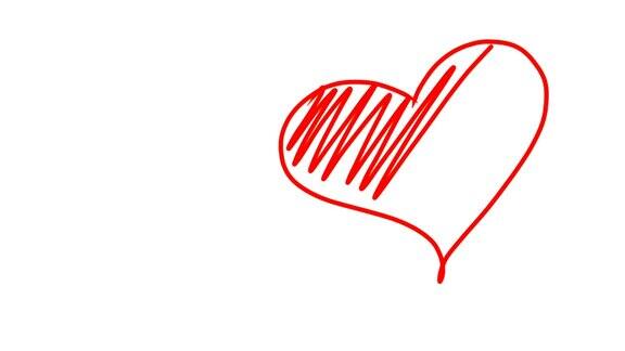 手写红心出现在白色背景红心形状的素描正在填充