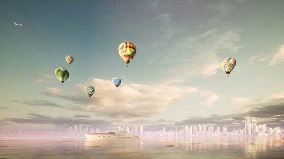 热气球在海洋上空与飞机在附近飞行