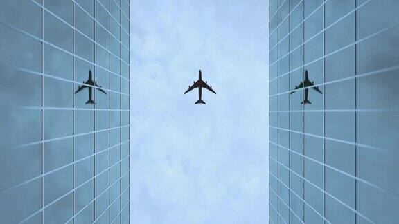 飞机飞过玻璃大厦