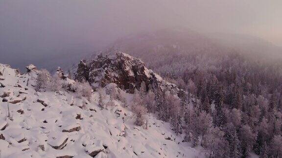 无人机视频的雪山风景山上有圣诞树
