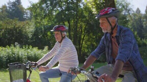 在阳光明媚的公园里骑着自行车的老男人和女人在交谈