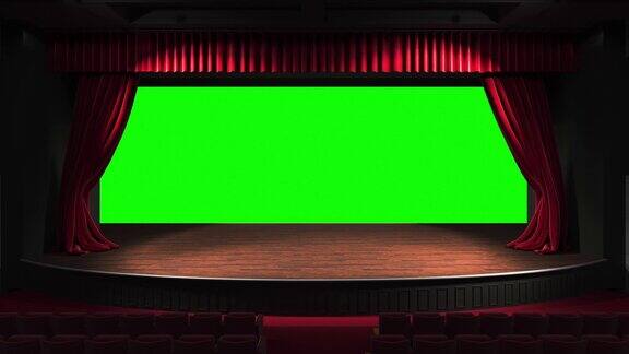 电影多利拍摄的空经典剧院与红色天鹅绒窗帘打开舞台的视野