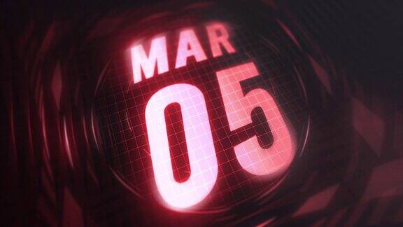 3月5日在3d运动图形红外线日历在未来和科技发光霓虹灯拍摄纪念在led等4k循环