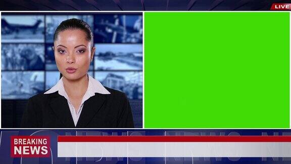 4K视频:亚洲新闻播音员以绿色屏幕展示突发新闻的模型使用