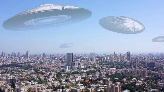 外星人ufo入侵飞碟在大城市3d插图