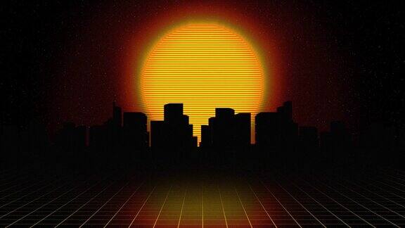 抽象复古80年代夜城和太阳背景4k
