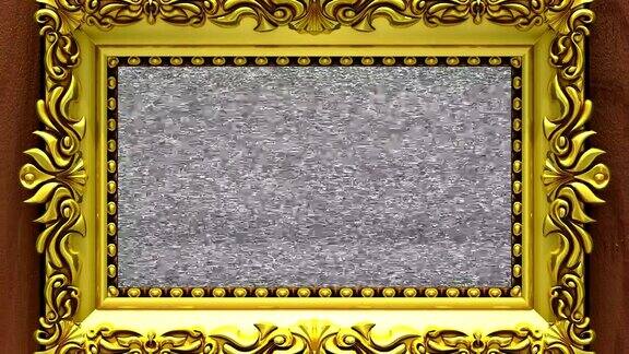 镜头拉近到棕色木头背景上的金色相框电视噪音和绿色色度键在屏幕上播放3d动画