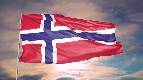 挪威国旗的动画对着天空的太阳和云