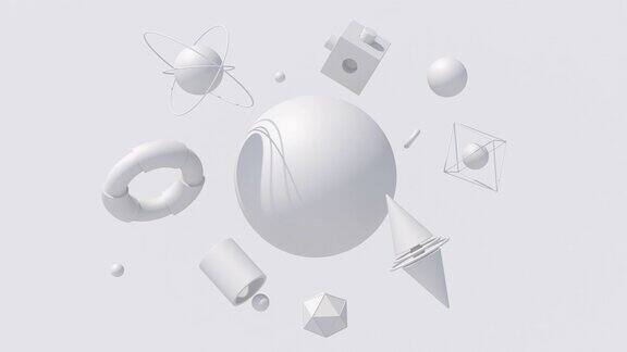 白色的几何形状硬光单色抽象动画3d渲染