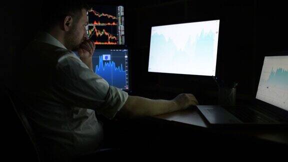 穿着白衬衫的股票经纪人正在一间有显示屏的暗室里工作证券交易所交易外汇金融图形概念商人在线交易股票
