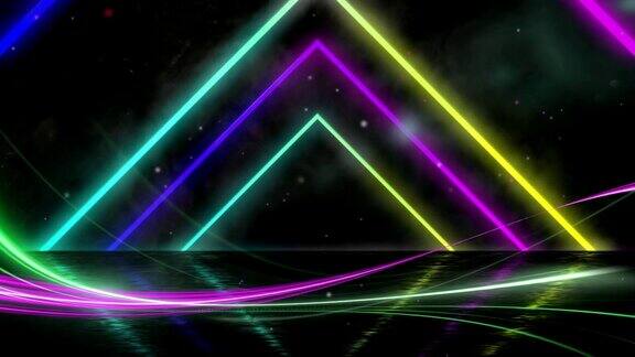 一个霓虹发光的几何三角形隧道在黑色背景上移动的动画