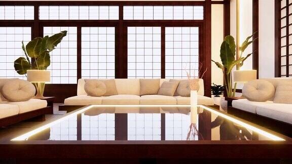 房间日本沙发日式风格和白色背景提供了一个窗口编辑三维渲染