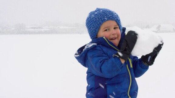 三岁的白人男孩穿着冬天的衣服在地上滚雪球捡起它在一个下雪阴天