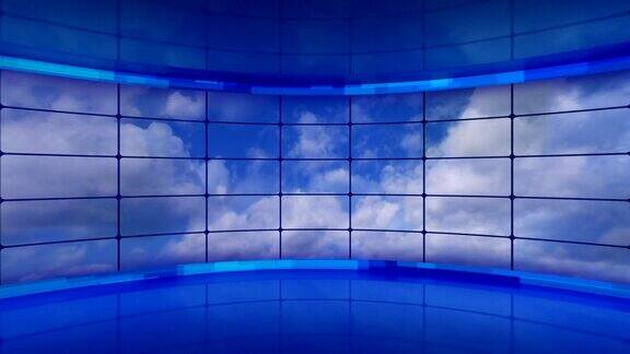 云在蓝色的虚拟工作室的屏幕上循环