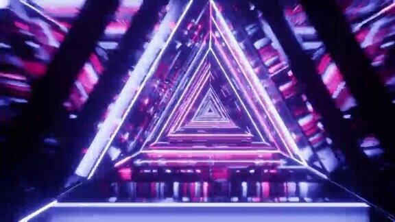 抽象飞行在未来的三角形走廊荧光紫外线彩色激光霓虹线几何无尽的隧道蓝色的粉红色光谱无缝循环4k背景