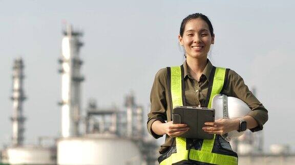 女工程师微笑的肖像在工业工厂的相机