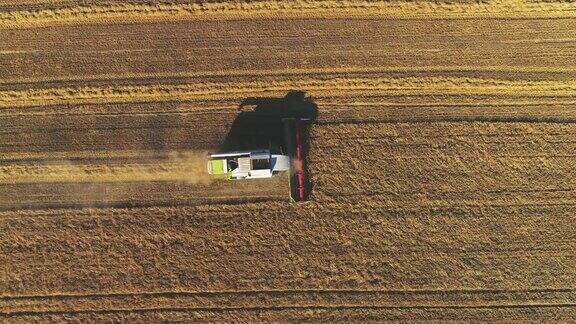 无人机拍摄的联合收割机在日落时分在田里工作